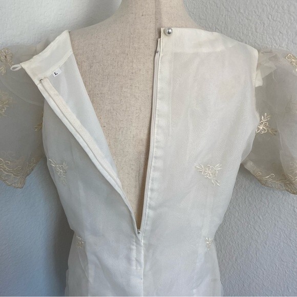 Formal Bridal 2 Piece Ivory Embroidered Sheer Vintage Top Midi Skirt Unique SZ L - Picture 8 of 11